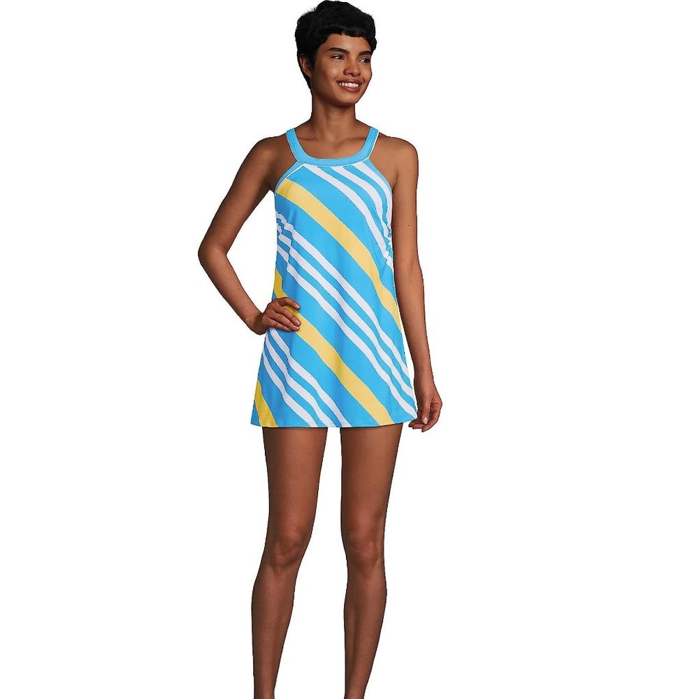 Like New Lands' End High Neck Adjustable Strap Swim Dress Turquoise Sz 18 $130